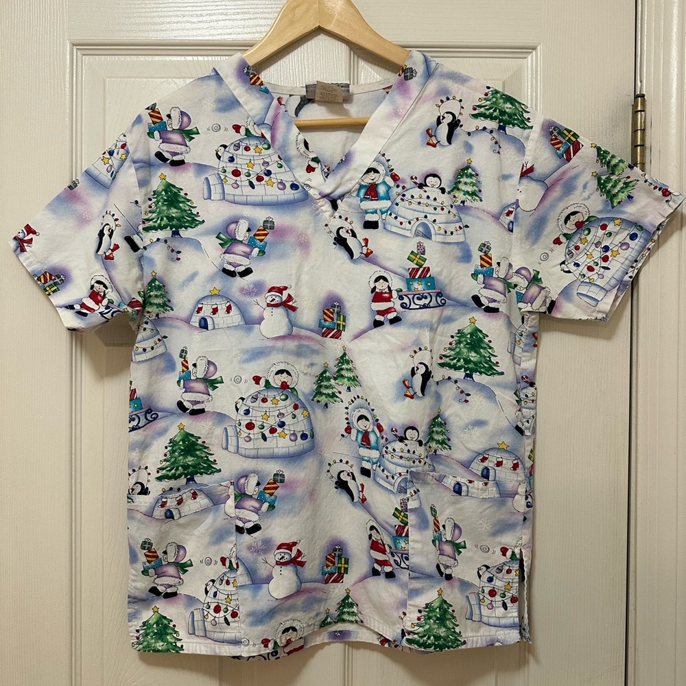 Fundamentally Cotton Winter Scene Medical Scrub Top - Festive Penguins & Snowmen